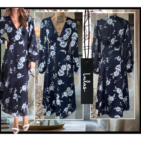 Lulus Navy Blue Button Detail Floral Midi Dress Size: Xlarge - Picture 1 of 11